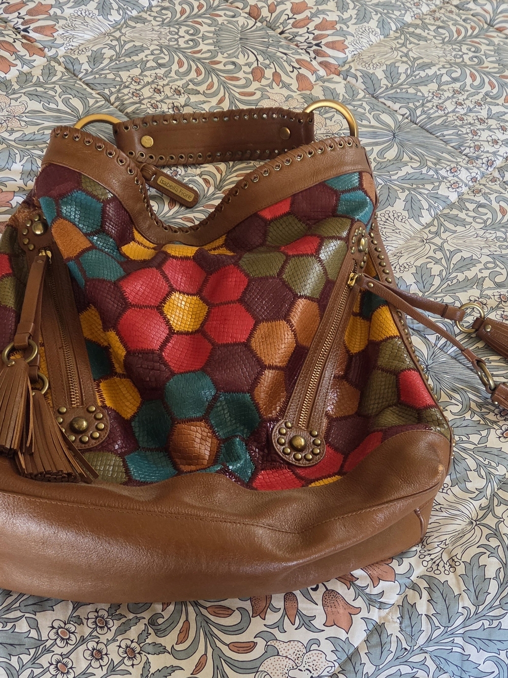 Colorful Hexagon Patchwork Leather Hobo Bag with Brown Trim